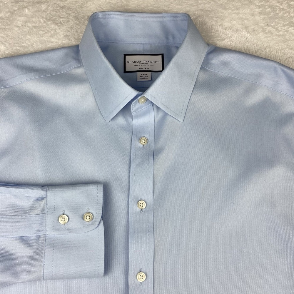 Charles Tyrwhitt Dress Shirt Mens 17.5-35 Blue Slim Fit No Iron